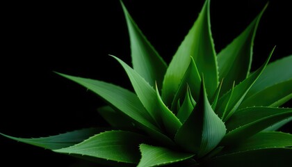 Fototapeta premium Aromatic green succulent plant with sharp leaves on a dark background showcases vibrant color and interesting texture