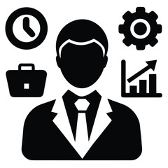 Business professional with clock briefcase gear and growth chart suit