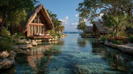 Obraz premium Tranquil tropical island resort with overwater bungalows under sunny blue sky