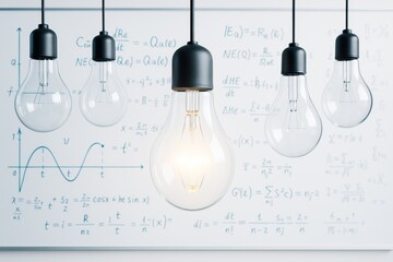 Illuminated light bulb surrounded by unlit bulbs in front of whiteboard filled with scientific formulas and graphs, symbolizing science and innovation.