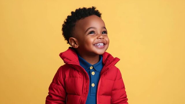 Smiling toddler boy with curly hair wearing red jacket and blue shirt with yellow buttons happy child smile joy laughter cheerful against yellow background