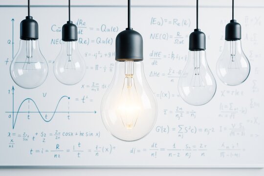 Illuminated light bulb surrounded by unlit bulbs in front of whiteboard filled with scientific formulas and graphs, symbolizing science and innovation.