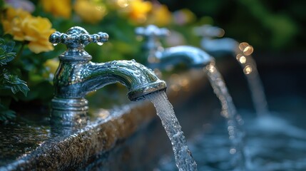 Flowing water from vintage metal faucets with floral background in garden setting. Water Saving Week