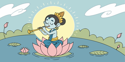 Charming cartoon illustration of lord krishna playing flute on a lotus flower in a serene pond