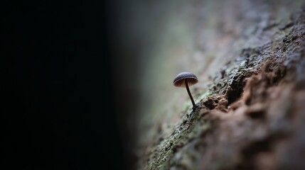 Obraz premium A small mushroom grows on a textured tree trunk with a blurred natural background, highlighting its delicate form and earthy tones.