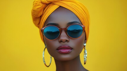 Stylish african female in sunglasses and headwrap against yellow background. National Eyewear Day