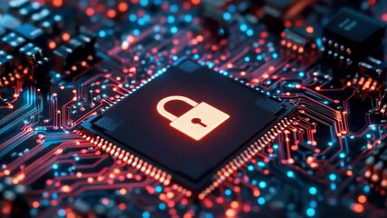 Glowing lock icon on microchip with vibrant electronic circuit board background representing advanced digital security, cybersecurity technology, and data protection in modern microchip technology - Powered by Adobe