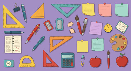 Assortment of Colorful Hand-Drawn School and Art Supplies