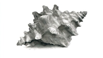 Obraz premium Detailed pencil drawing of a spiky seashell with swirling textures, casting subtle shadow