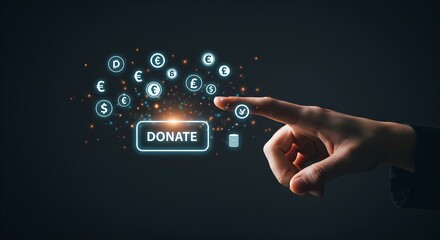 Fingertip about to press a glowing "Donate" button, surrounded by digital currency symbols.