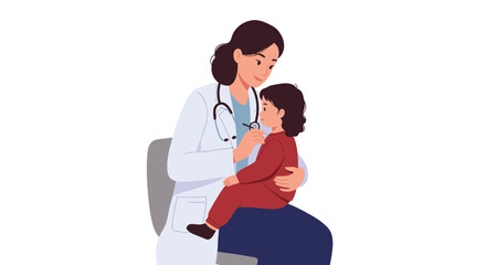 Caring female pediatrician in a white coat examining a young child with a stethoscope.