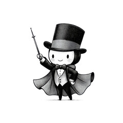 Stylized cartoon magician character in a top hat and cape holding a wand