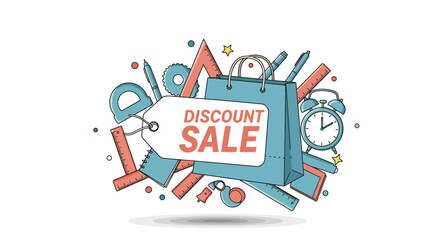 Colorful illustration of a shopping bag with a 'Discount Sale' tag surrounded by various school supplies.
