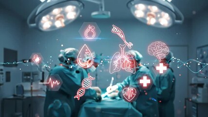 Surgeons use ai diagnosis during operation, with medical data overlays in the operating room. - Powered by Adobe
