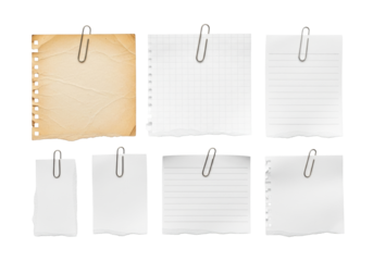 Six distinct torn paper notes, two aged sepia, four crisp white with varied textures and patterns, held by polished silver paper clips, meticulously arranged on a transparent background under soft