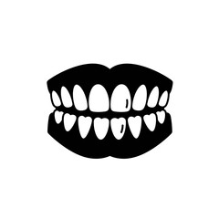 Graphic black silhouette of a monster's mouth with sharp, pointed lower fangs and rounded upper teeth.