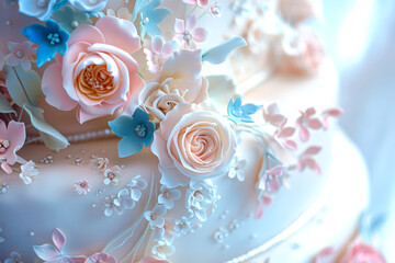 A wedding cake with intricate floral details.