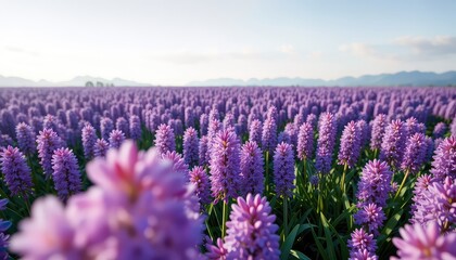 Naklejka premium Purple floral field showcasing nature's beauty with a stunning mountain range vista under a bright, open sky in the distance