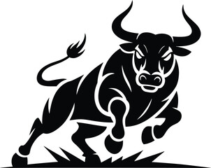 Powerful charging bull in a dynamic black silhouette against a white background symbolizing strength and determination silhouette