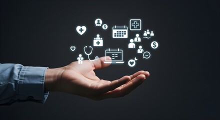 Hand presenting digital healthcare icons, representing health management and technology.