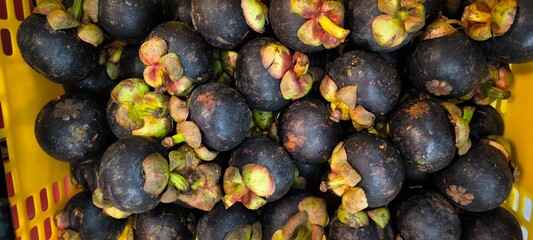 Yellow basket filled with mangosteens