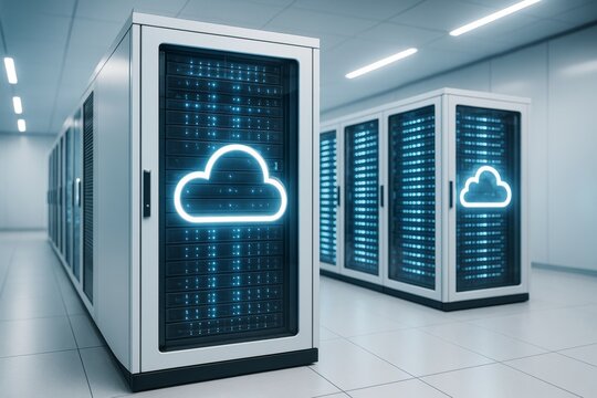 Cloud technology data center interior with glowing light servers and abstract futuristic background in blue digital environment. Ai generative