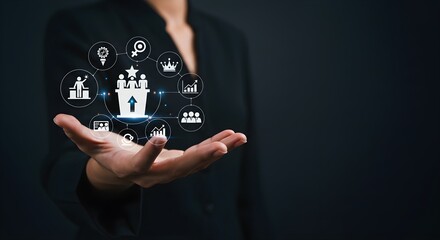 Businesswoman presenting holographic leadership and team management concept.