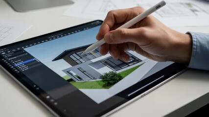 Man architect or designer using tablet with stylus drawing house plan. Modern building design process with digital technology. - Powered by Adobe