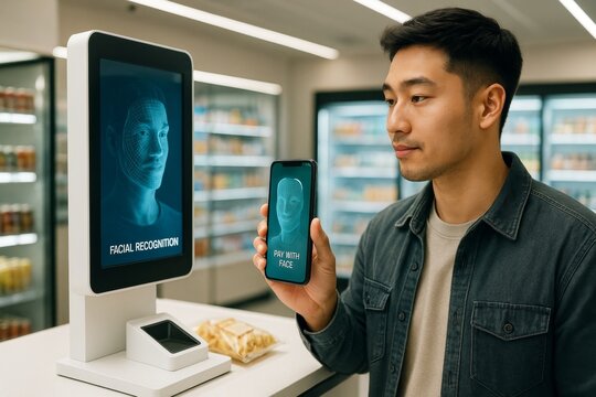 Man using facial recognition payment system with smartphone at self-checkout kiosk in modern store environment with digital interface display. Ai generative - Powered by Adobe