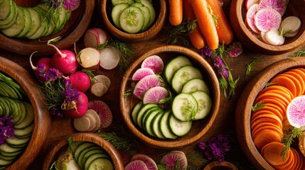 Assorted sliced vegetables in wooden bowls