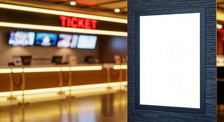 Movie Theater Blank Poster Mockup with Ticket Counter