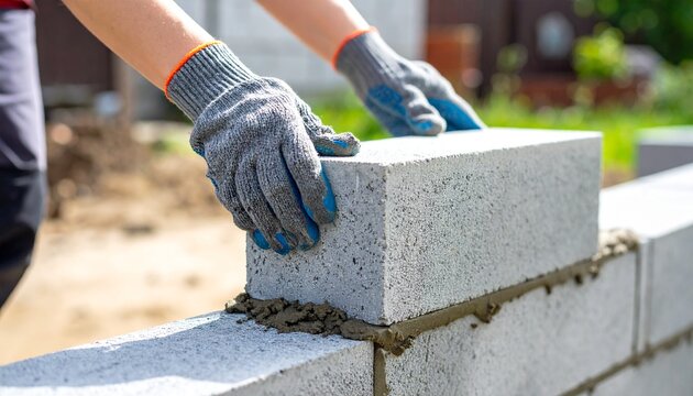 A construction worker in protective gloves carefully lays a concrete cinder block on fresh mortar to build a new wall.
