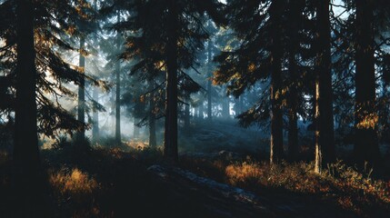 Fototapeta premium Misty forest sunlight panorama