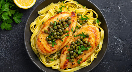 Fototapeta premium Chicken Piccata with Capers and Fettuccine Pasta Served on a Dark Plate