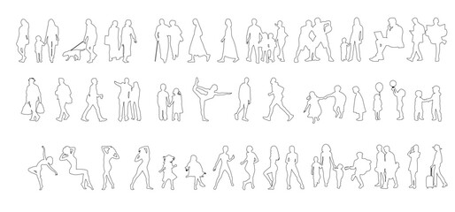 Linear silhouettes of seated people, designed for use in architectural plans, sections, and layouts.	
