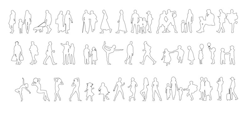 Linear silhouettes of seated people, designed for use in architectural plans, sections, and layouts.	
