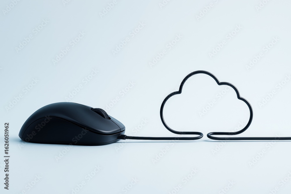 Wall mural computer mouse with cable shaped like a cloud symbolizing data storage and cloud computing on light 