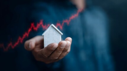An investor holding a miniature house model with a growth graph overlay