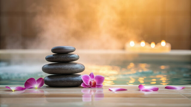 Warm bath experience reduces stress and tension. Serene spa scene with stacked stones and orchid petals near a misty pool.