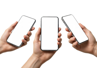 Three groomed human hands holding sleek modern smartphones with blank white screens on a seamless transparent studio background with soft high-key illumination, concept for digital technology