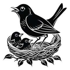 Silhouette of Bird Feeding Chicks in Nest with Artistic Details