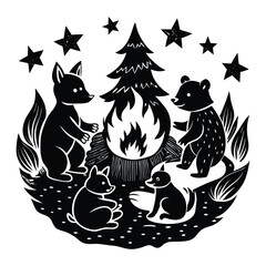 Woodland Animals Gather Around a Campfire Under Starry Night Sky