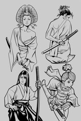 Samurai Girl Vector Bundle – Black & White Ink Style Illustrations