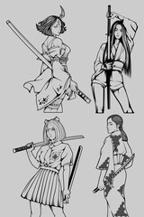 Samurai Girl Vector Bundle – Black & White Ink Style Illustrations