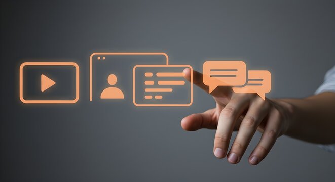 Hand interacts with digital interface showing video, profile, list, and chat icons.