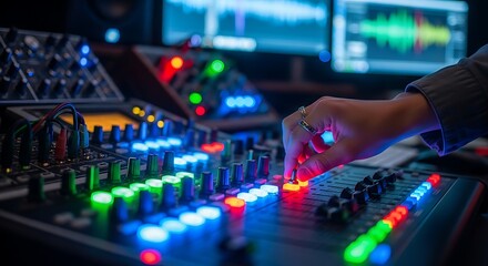 Fototapeta premium Sound engineer adjusting levels on audio mixing console in recording studio ambience