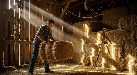 Obraz premium A powerful and rustic photograph of a farmhand hard at work, stacking hay bales in a barn loft. 