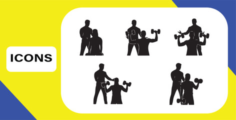 Fitness Icons Featuring Coaching Assistance and Weightlifting Exercise in a Dynamic Isolated Vector Collection