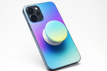 Smartphone mockup with gradient pop socket on clean white background for branding and creative design presentation purposes. Ai generative