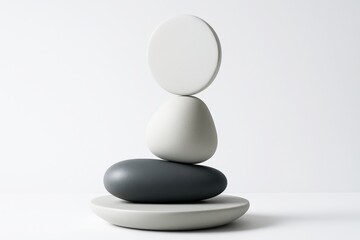 Abstract composition of smooth geometric stones stacked in balance on light background, minimalist concept of harmony and stability in design. Ai generative
